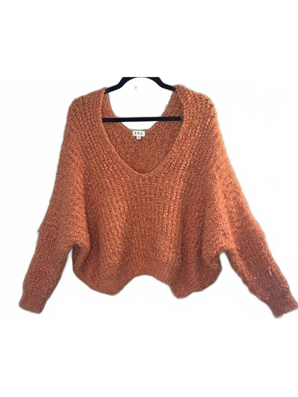 POL Rust Orange Oversized Popcorn Knit V Neck Sweater Boho Size Small